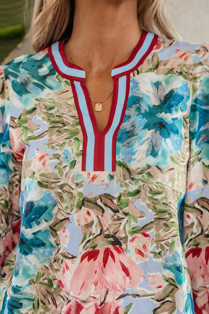 Sky Blue Contrast Trim V Neck Cuffed Bracelet Sleeve Floral Blouse - Sweet Fashion Wholesale