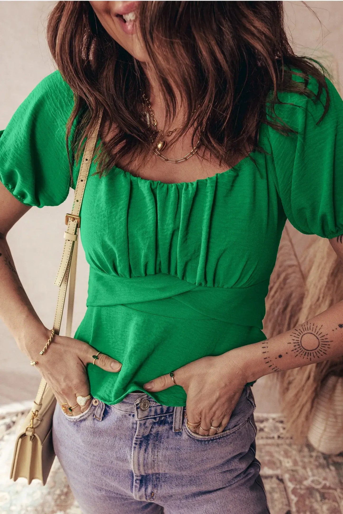 Dark Green Solid Color Ruched Crossed Waist Tied Back Short Sleeve Peplum Top - Sweet Fashion Wholesale