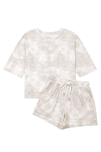 Beige Vintage Tie Dye Bracelet Sleeve Drawstring Elastic Waist 2pcs Short Set