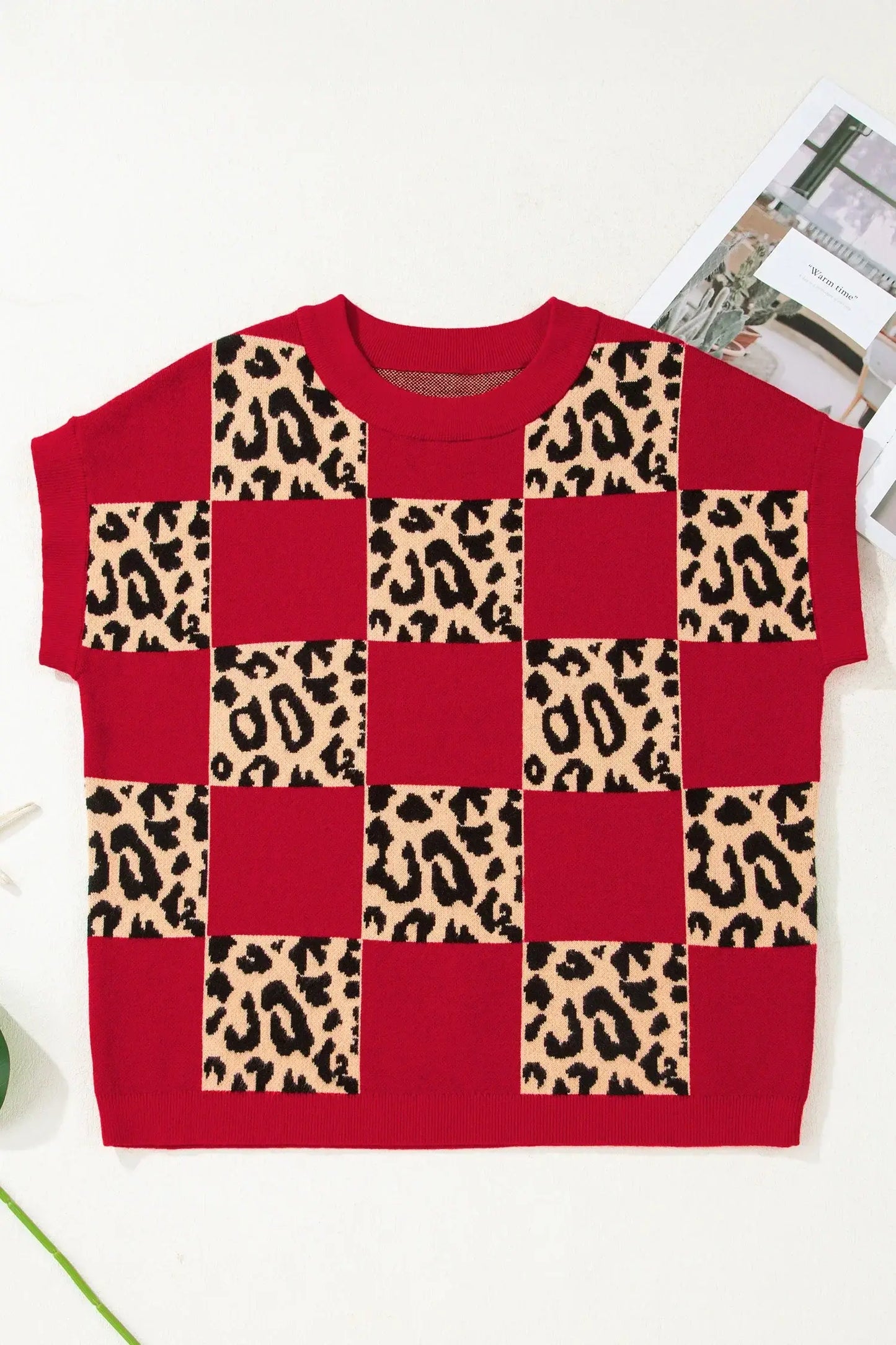 Red Leopard Checkerboard Short Sleeve Knit Sweater - Sweet Fashion Wholesale