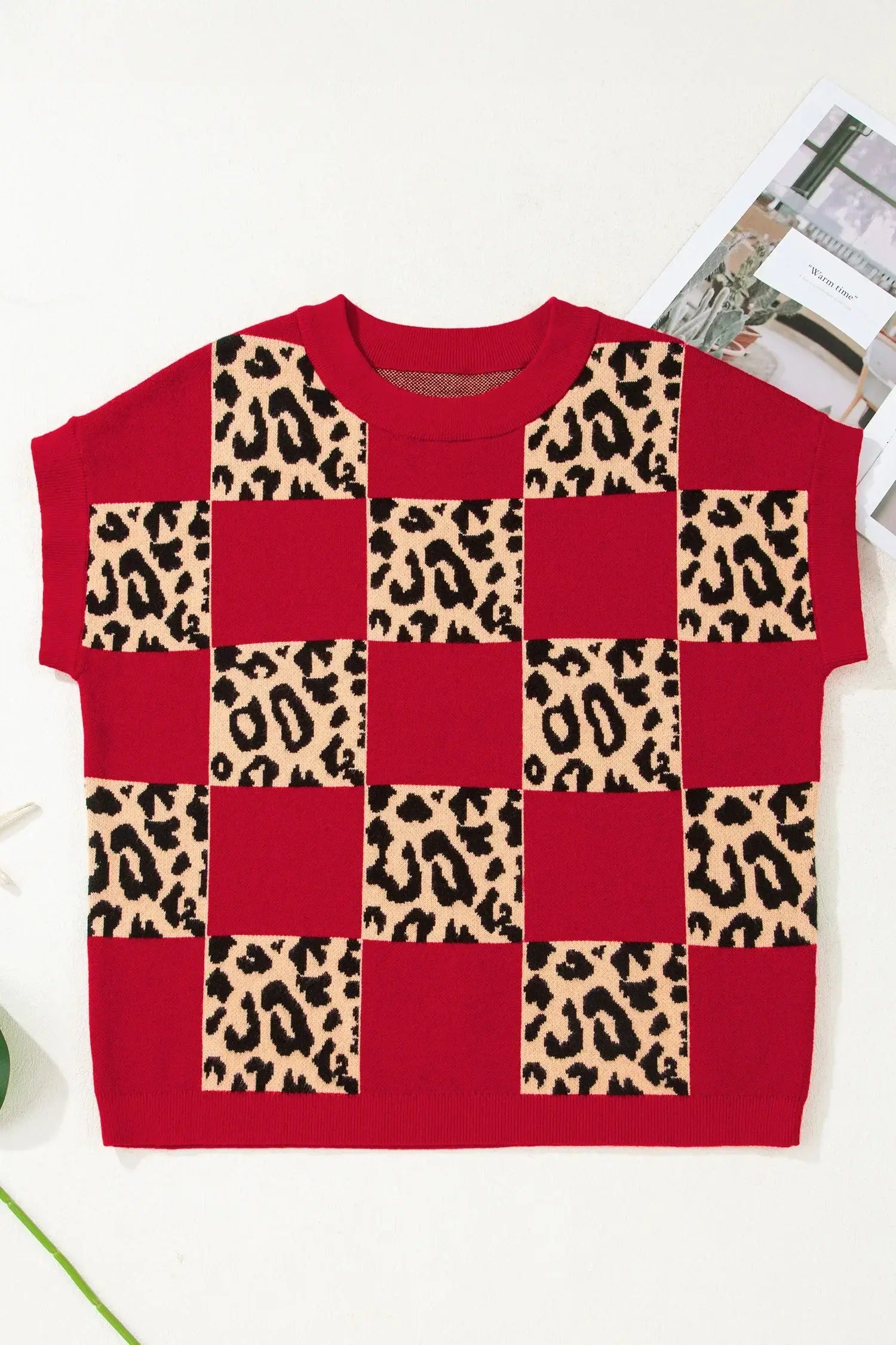 Red Leopard Checkerboard Short Sleeve Knit Sweater - Sweet Fashion Wholesale