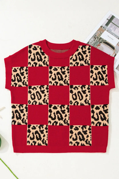 Red Leopard Checkerboard Short Sleeve Knit Sweater - Sweet Fashion Wholesale
