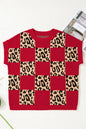 Red Leopard Checkerboard Short Sleeve Knit Sweater - Sweet Fashion Wholesale