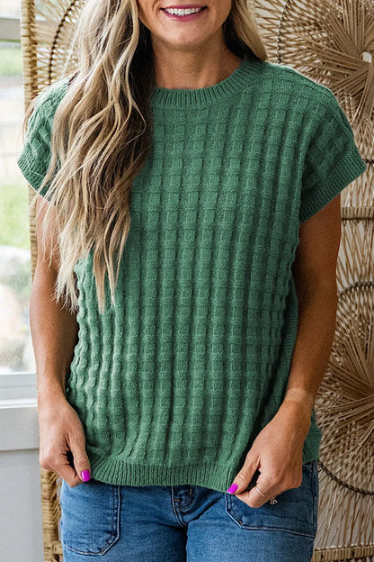 Black Solid Color Round Neck Textured Short Sleeve Sweater - Sweet Fashion Wholesale
