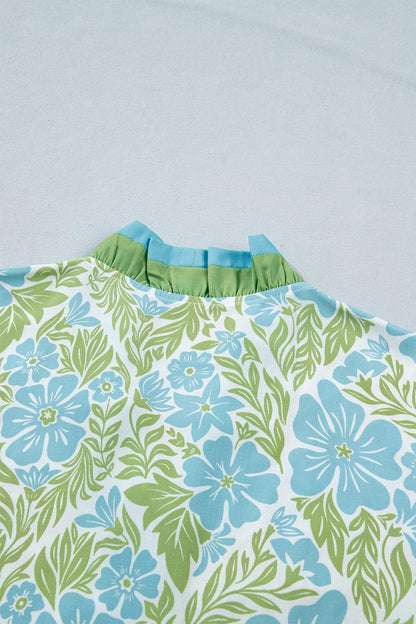 Sky Blue Botanical Floral Print Frilled Trim V Neck Button Front Loose Dress