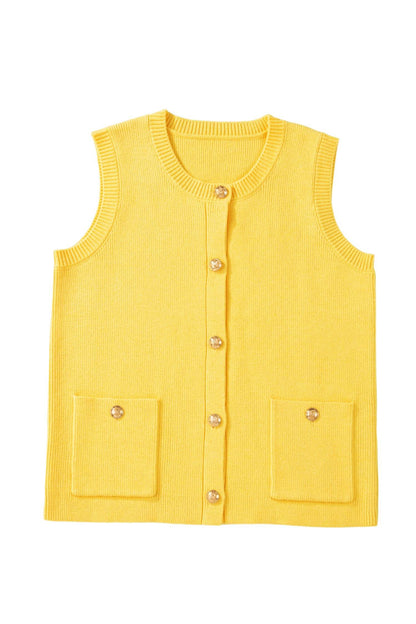 White Solid Color Sleeveless Knit Button Pocketed Sweater