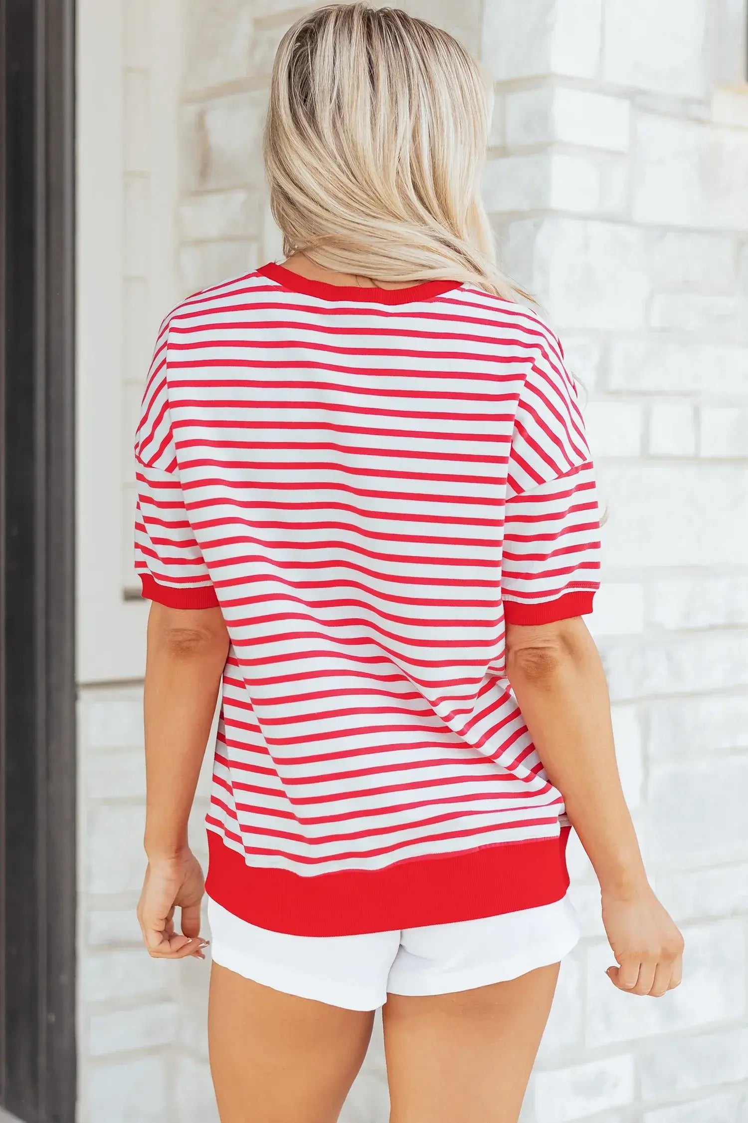Red Stripe Drop Shoulder Half Sleeve T Shirt - Sweet Fashion Wholesale