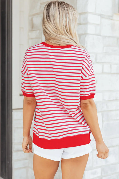 Red Stripe Drop Shoulder Half Sleeve T Shirt - Sweet Fashion Wholesale