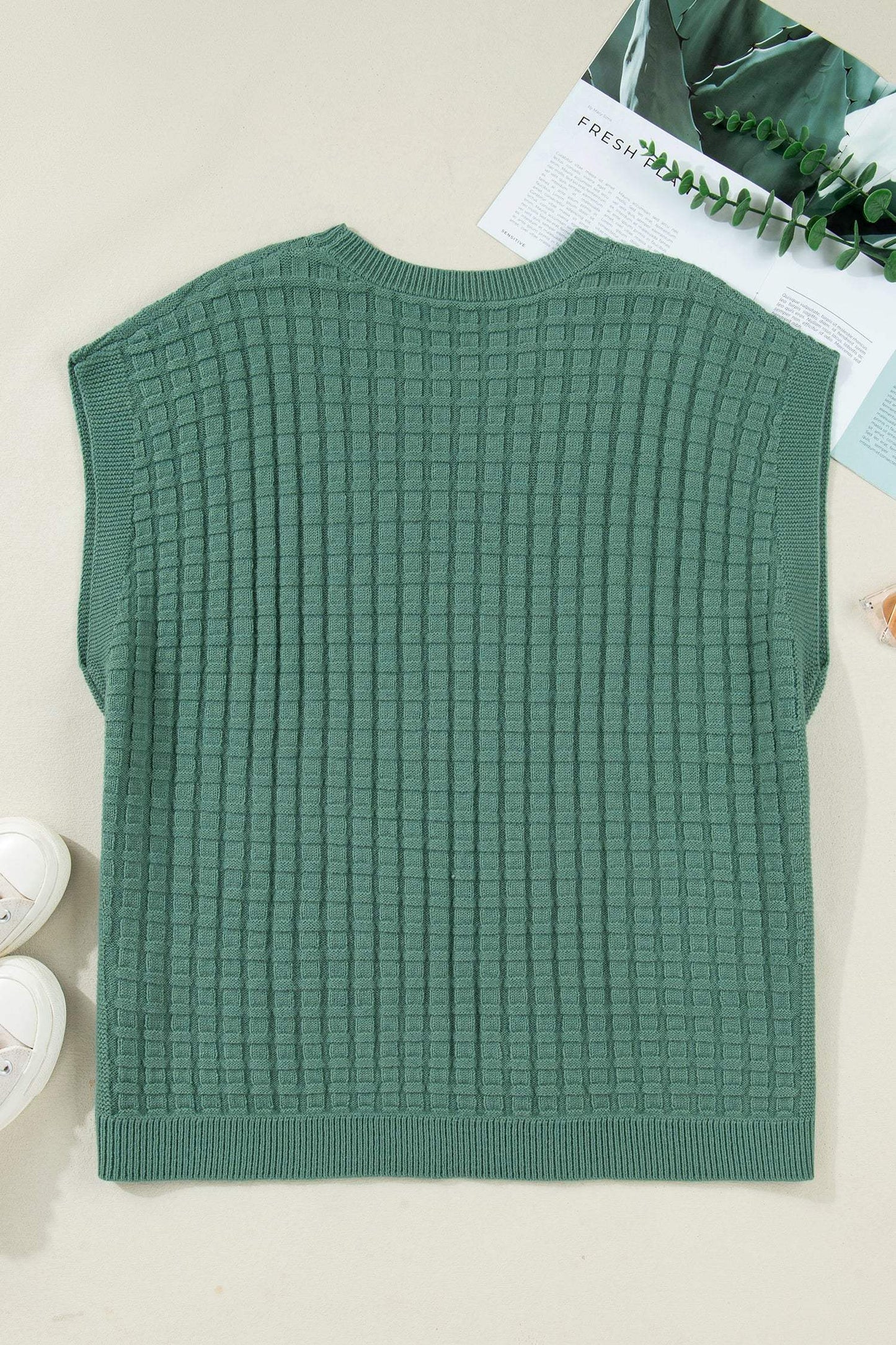 Mist Green Plus Size Solid Color Textured Knit Short Sleeve Sweater - Sweet Fashion Wholesale