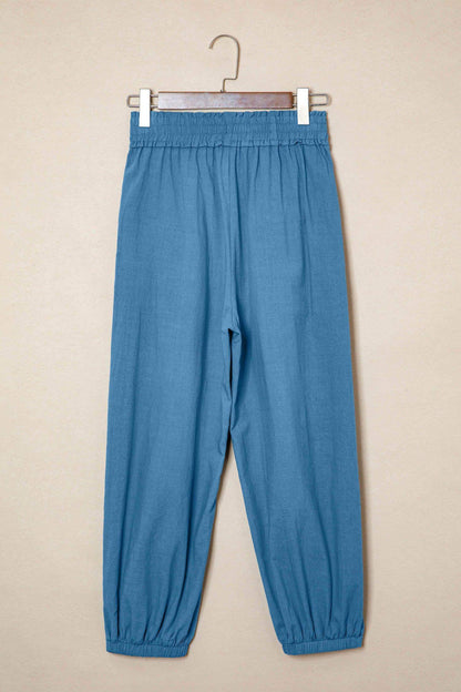 Prussian Blue Smocked Waist Casual Jogger Style Pants - Sweet Fashion Wholesale
