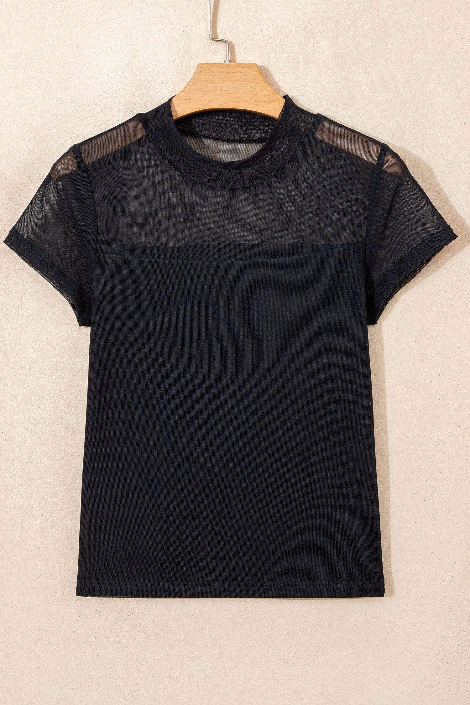 Black Sheer Mesh Patchwork Cap Sleeve T Shirt - Sweet Fashion Wholesale