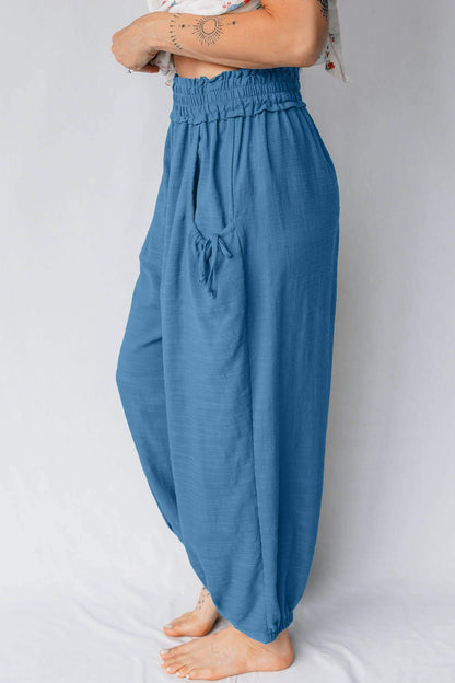 Prussian Blue Smocked Waist Casual Jogger Style Pants - Sweet Fashion Wholesale
