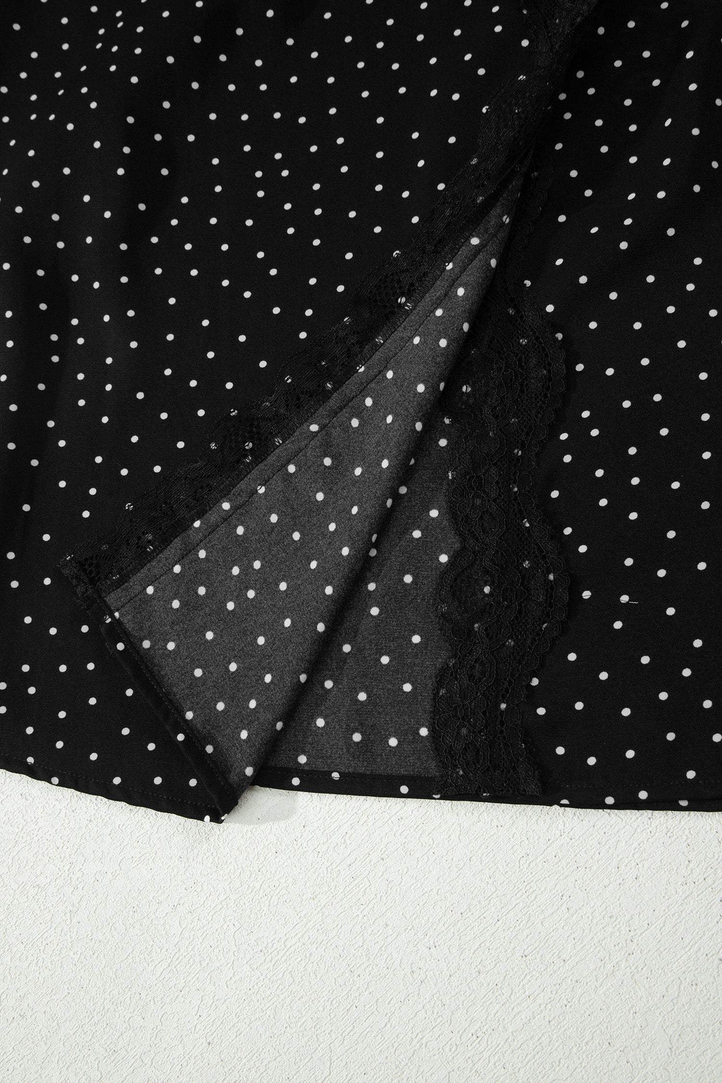 Black Polka Dot Print Lace Trim Wrap Mini Dress