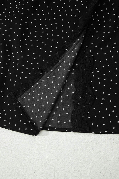 Black Polka Dot Print Lace Trim Wrap Mini Dress