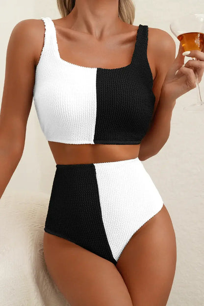 White Corded Colorblock Square Neck Bikini Swimsuit - Sweet Fashion Wholesale