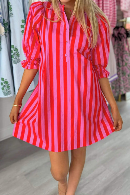 Red Stripe Half Button Puff Sleeve Loose Mini Dress