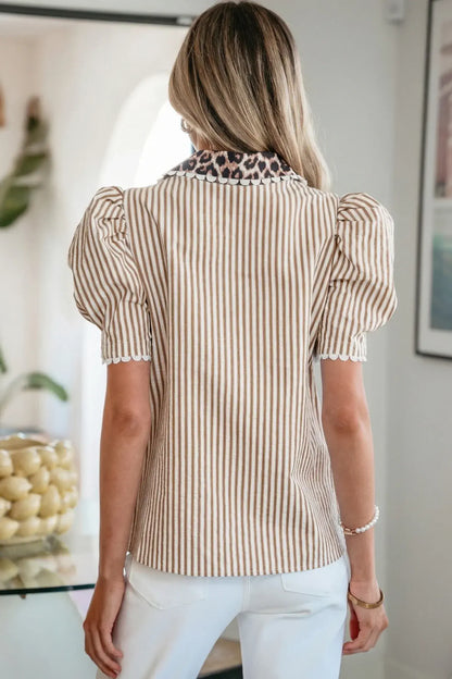 Sky Blue Stripe Ricrac Trim Short Puff Sleeve Leopard Patchwork Collar V Neck Blouse - Sweet Fashion Wholesale