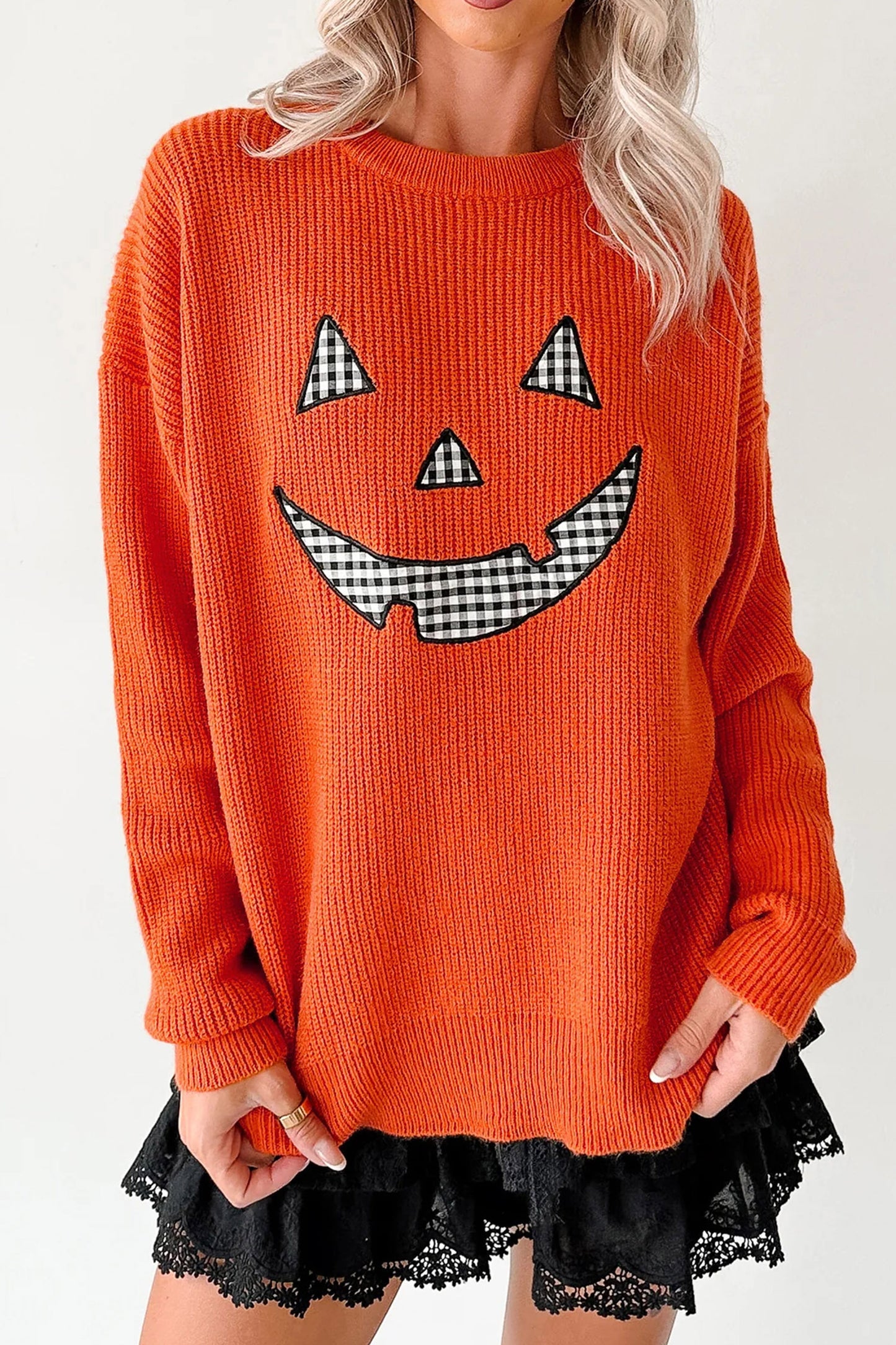 Orange Drop Shoulder Long Sleeve Round Neck Halloween Sweater