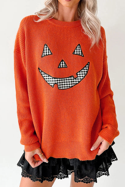 Orange Drop Shoulder Long Sleeve Round Neck Halloween Sweater