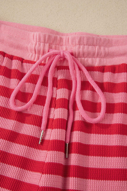 Red Stripe Puff Short Sleeve T Shirt Matching Shorts Set