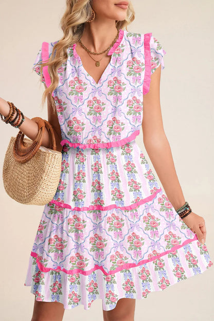 Purple Tiered Ruffles Sleeveless Summer Floral Dress - Sweet Fashion Wholesale