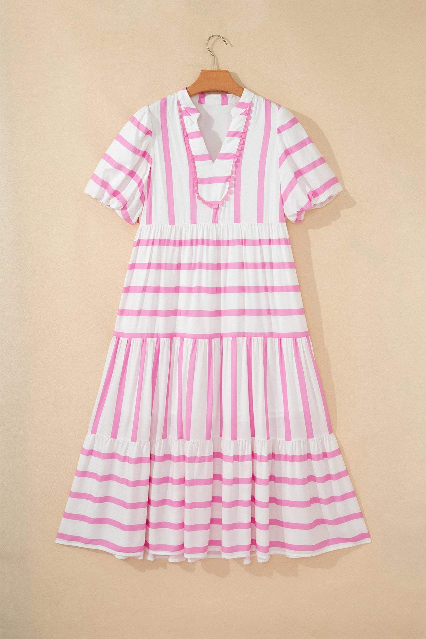Pink Stripe Ricrac Trim Notched Neck Half Sleeve Vacation Dress