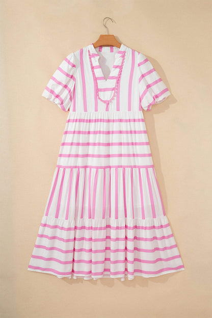 Pink Stripe Ricrac Trim Notched Neck Half Sleeve Vacation Dress