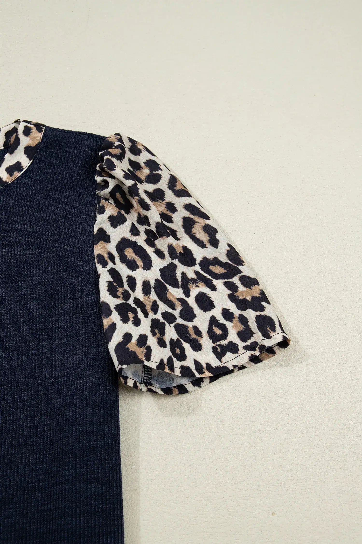 Navy Blue Ribbed Contrast Leopard Patchwork Short Sleeve Top - Sweet Fashion Wholesale