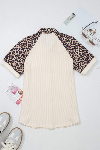 White Ribbed Texture Button Down Leopard Patchwork Short Sleeve Shirt