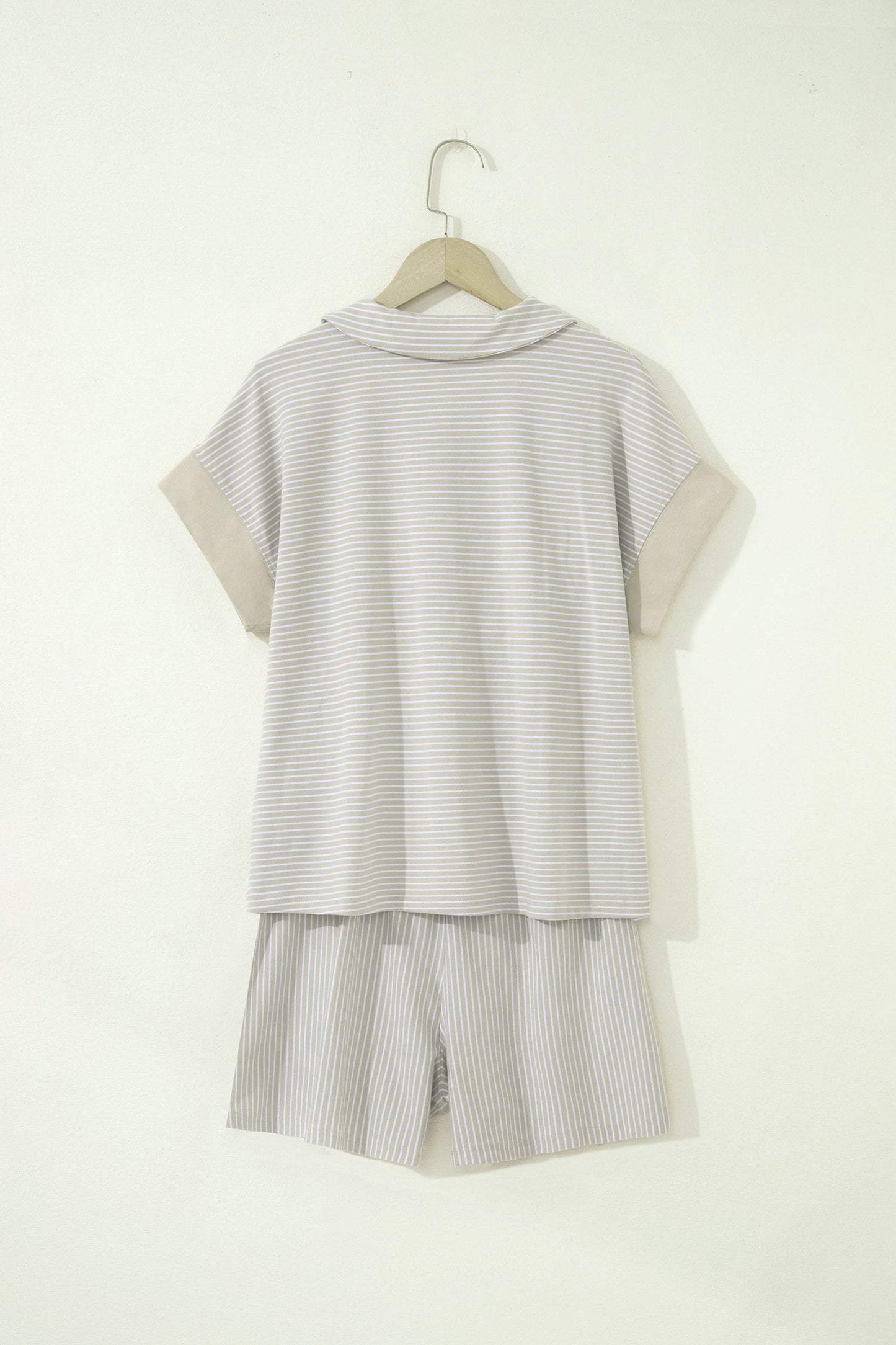 Khaki Stripe Dolman Sleeve Polo Shirt and Drawstring Shorts Set