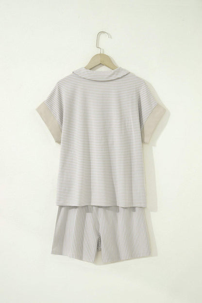 Khaki Stripe Dolman Sleeve Polo Shirt and Drawstring Shorts Set