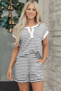 Black Stripe Half Buttons Top and Shorts Set - Sweet Fashion Wholesale