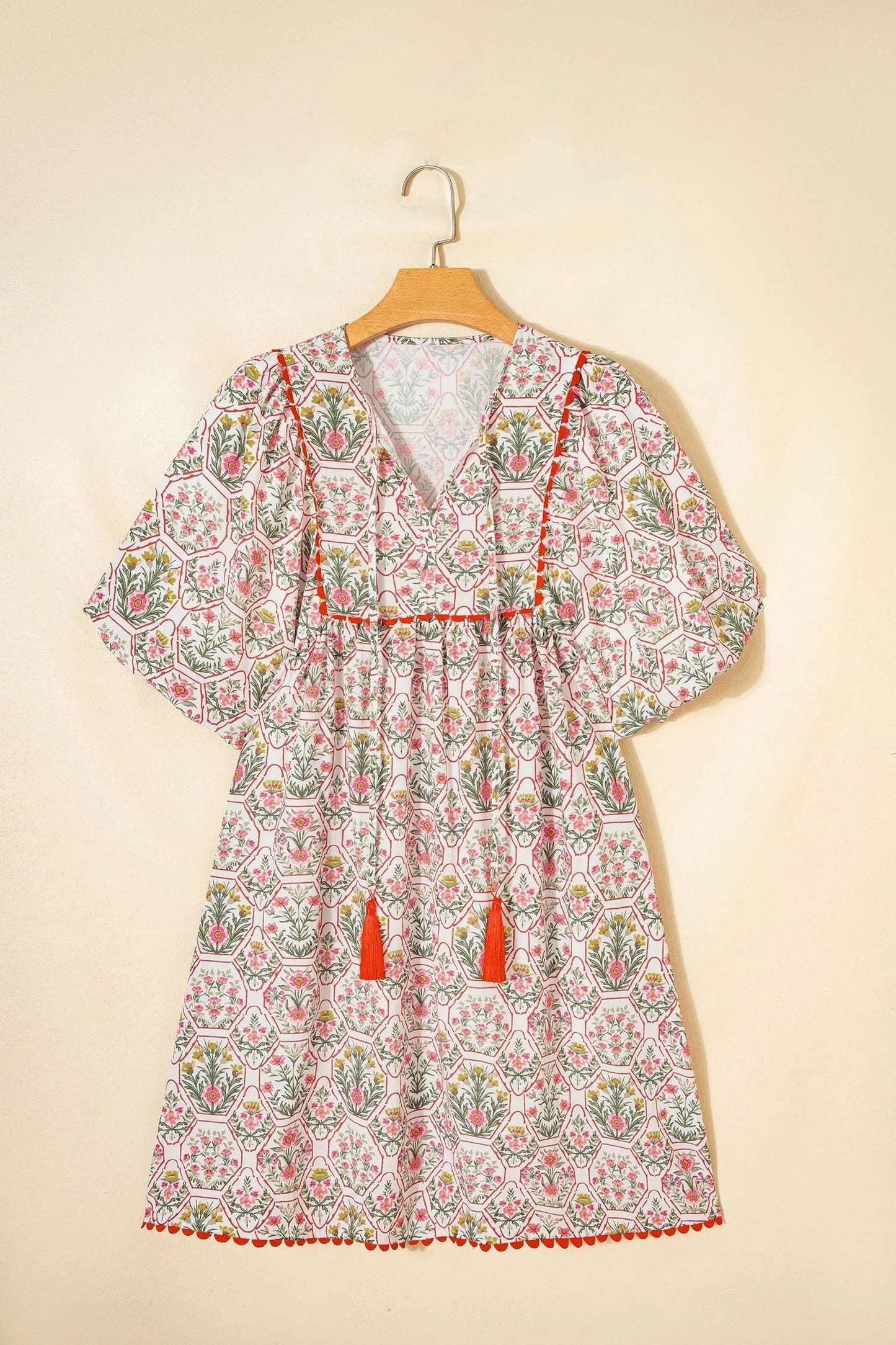 Pink Floral Print Tassel Tie V Neck Scalloped Detail Loose Mini Dress - Sweet Fashion Wholesale