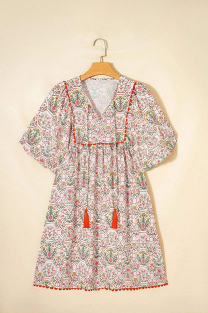 Pink Floral Print Tassel Tie V Neck Scalloped Detail Loose Mini Dress - Sweet Fashion Wholesale