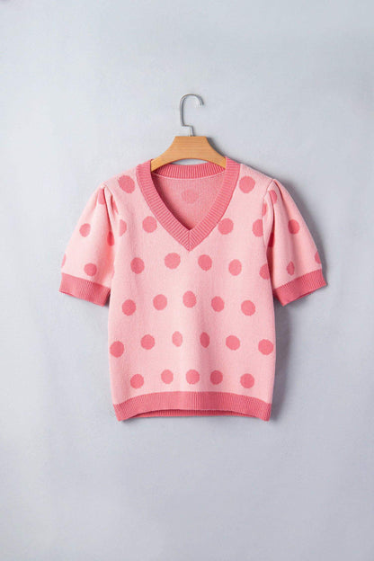 Pink Polka Dot Puff Short Sleeve Sweater Top - Sweet Fashion Wholesale