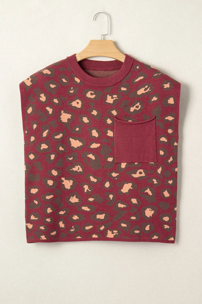 Red Leopard Print Cap Sleeve Knitted Top - Sweet Fashion Wholesale