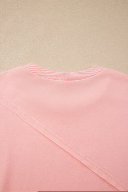 Pink Colorblock Striped Patchwork Long Sleeve Round Neck Blouse
