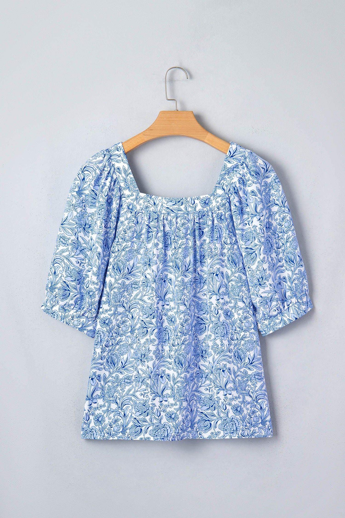 Sky Blue Square Neck Short Puff Sleeve Pleated Floral Blouse - Sweet Fashion Wholesale