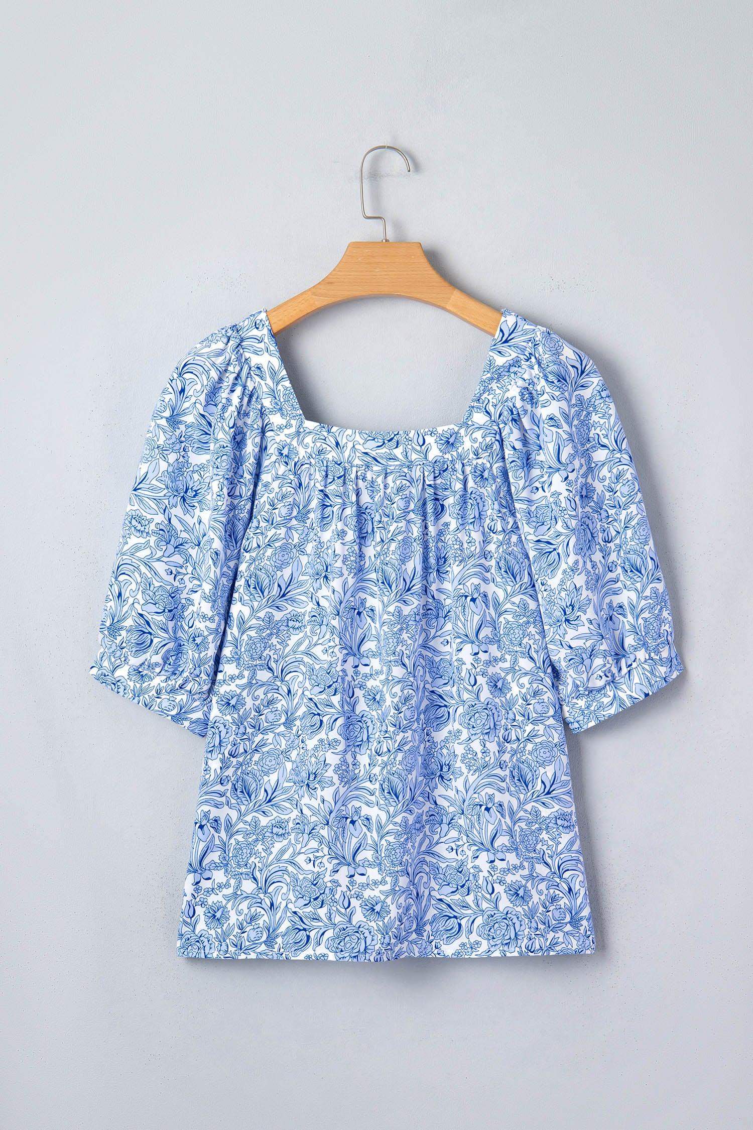 Sky Blue Square Neck Short Puff Sleeve Pleated Floral Blouse - Sweet Fashion Wholesale