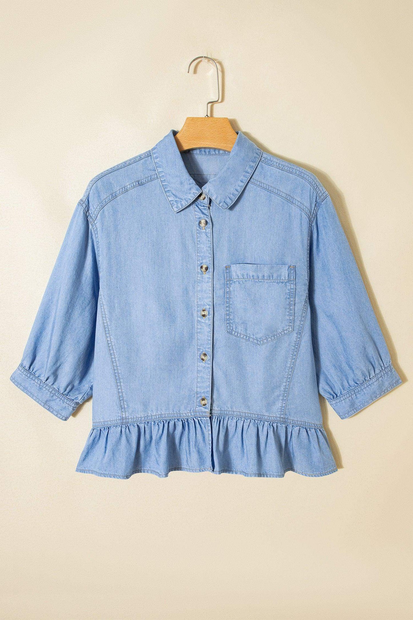 Beau Blue Half Sleeve Button Down Ruffled High Low Chambray Shirt - Sweet Fashion Wholesale