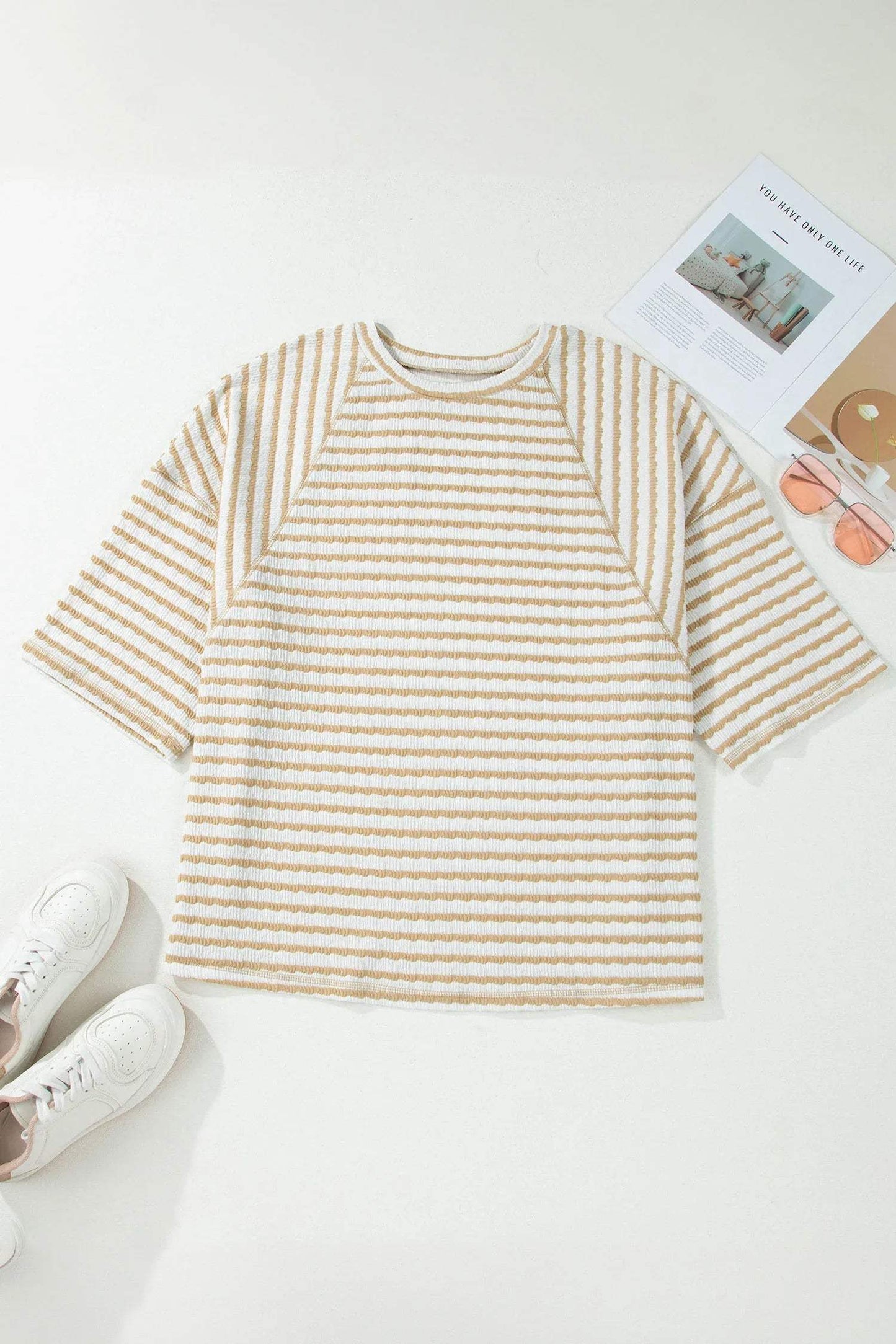 Apricot Stripe Plus Size Textured Patchwork Detail Half Sleeve Top - Sweet Fashion Wholesale