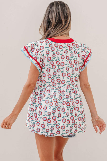 Red Sunflower Printed Contrast Trim V Neck Flutter Sleeve Blouse