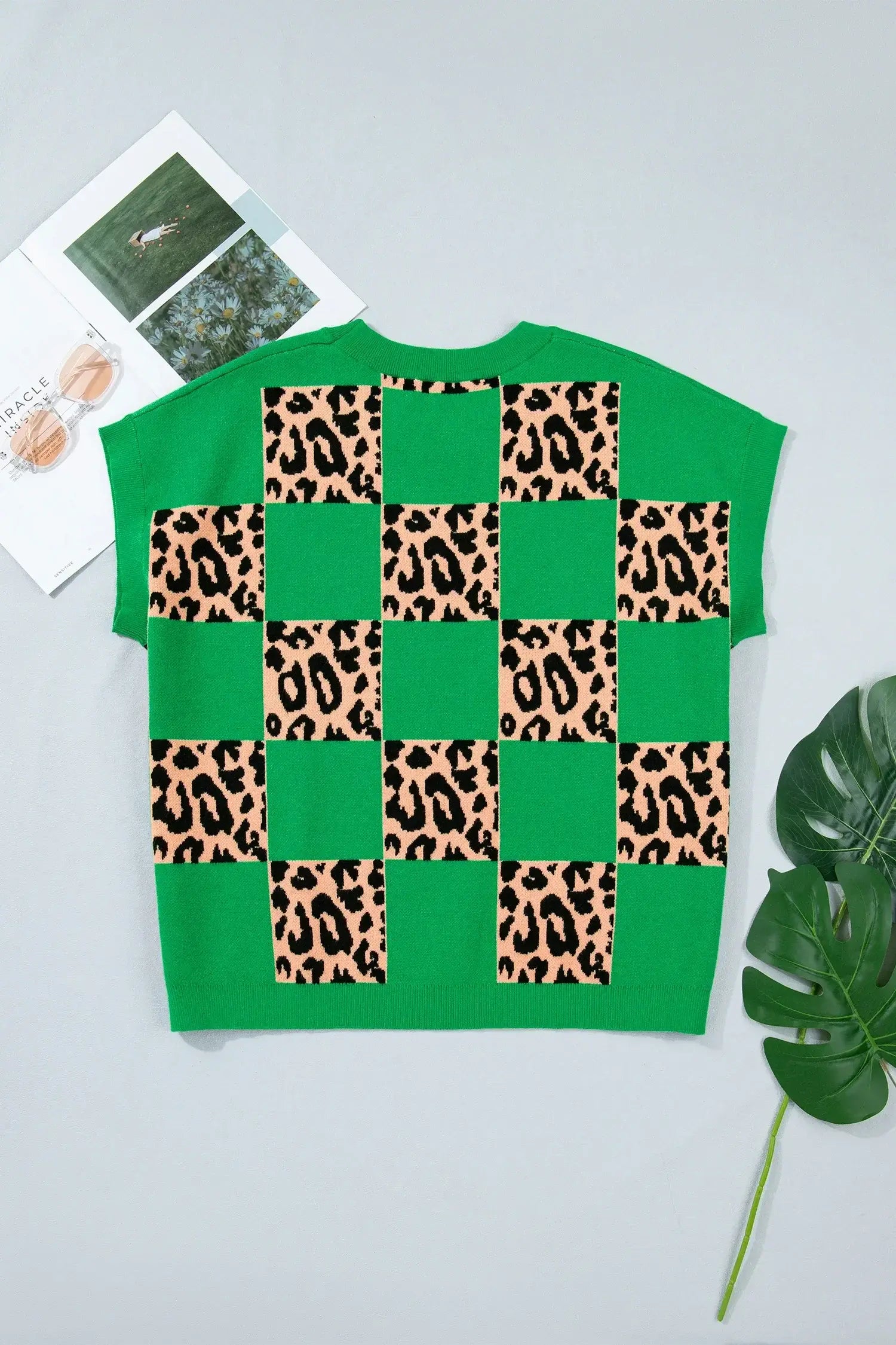 Red Plus Size Leopard Contrasted Checkered Short Sleeve Sweater - Sweet Fashion Wholesale