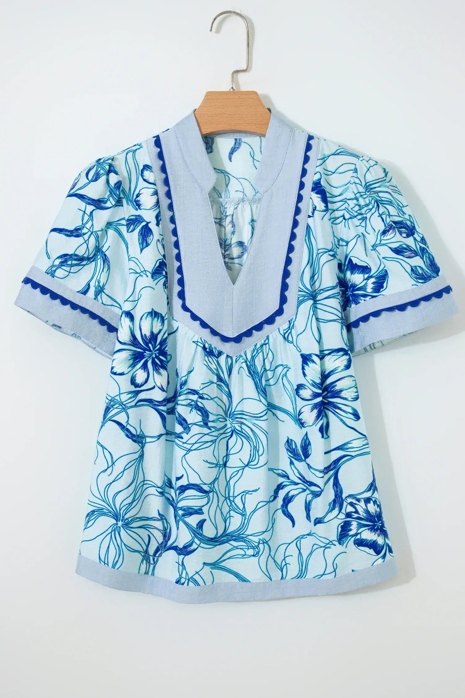 Sky Blue Ricrac Trim Slit V Neck Short Sleeve Floral Blouse - Sweet Fashion Wholesale