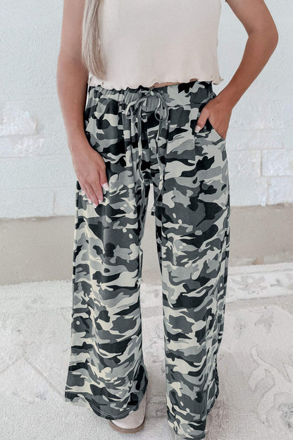 Green Camouflage Print Drawstring Casual Pants