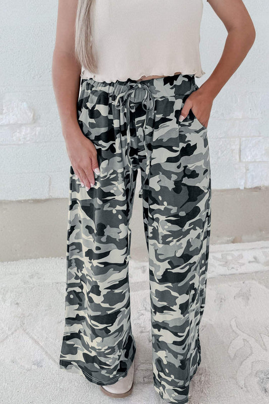 Green Camouflage Print Drawstring Casual Pants