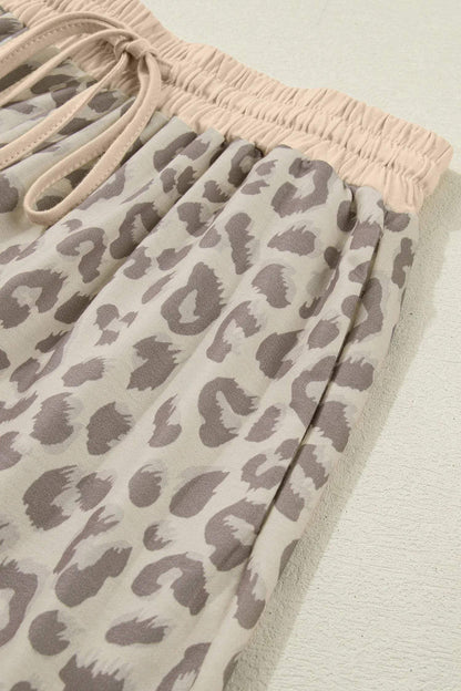 Khaki V Neck Collar Leopard Printed 2pcs Short Set
