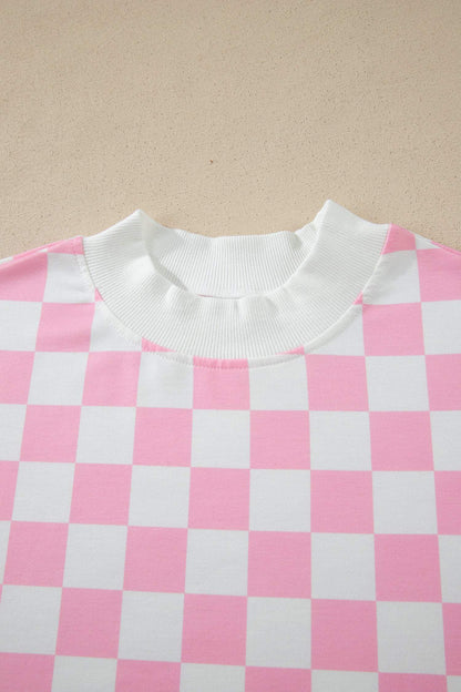 Black Checkered Print Color Block Trim Mock Neck Short Set