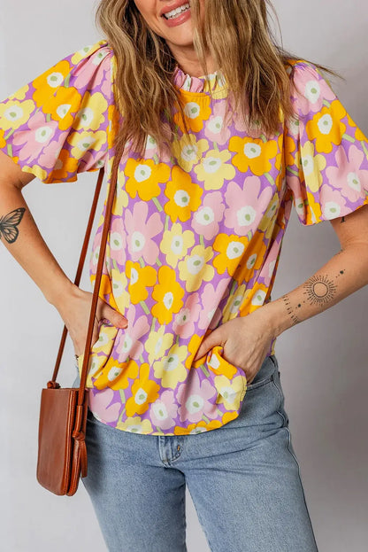 Purple Frilled Neck Puff Short Sleeve Flower Top - Sweet Fashion Wholesale