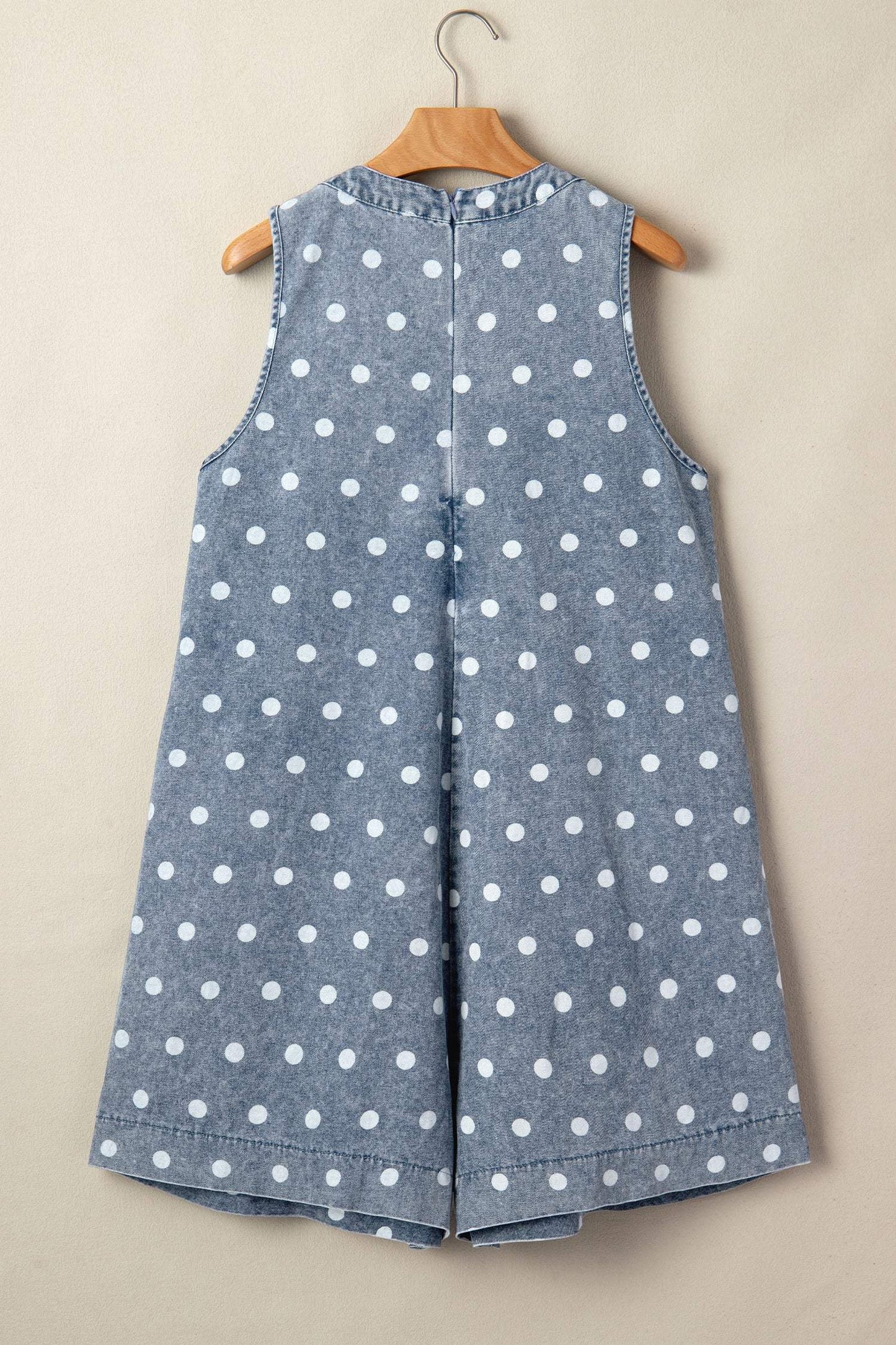 Sky Blue Polka Dot Print Tie V Neck Pleated Loose Denim Romper